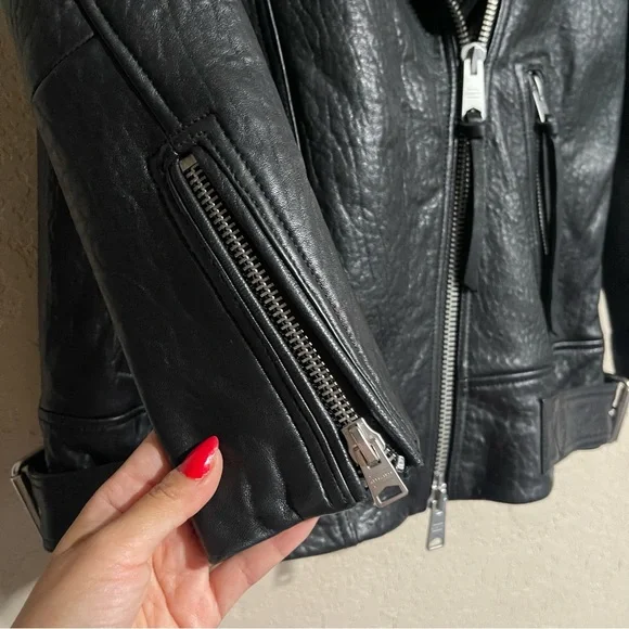 All Saints | Womens Maizie Shearling-Collar Leather Biker Jacket Size: Medium - Picture 5 of 13